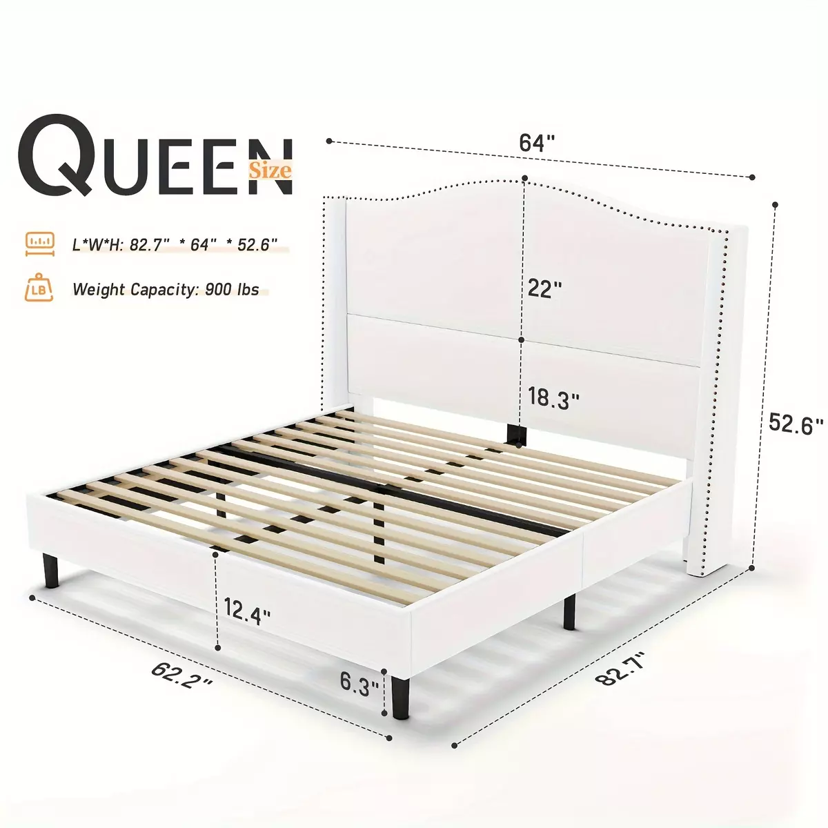 PaPaJet Platform Bed Frame Tall Headboard Upholstered Bed with Velvet Nailhead Trim Arched Wingback-White