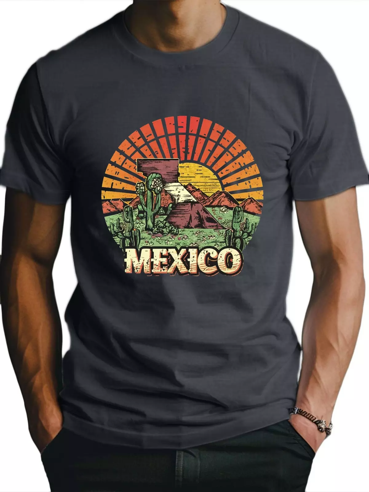 Mexico Print Tee Shirt, Tees For Men, Casual Short Sleeve T-shirt For Summer-Khaki