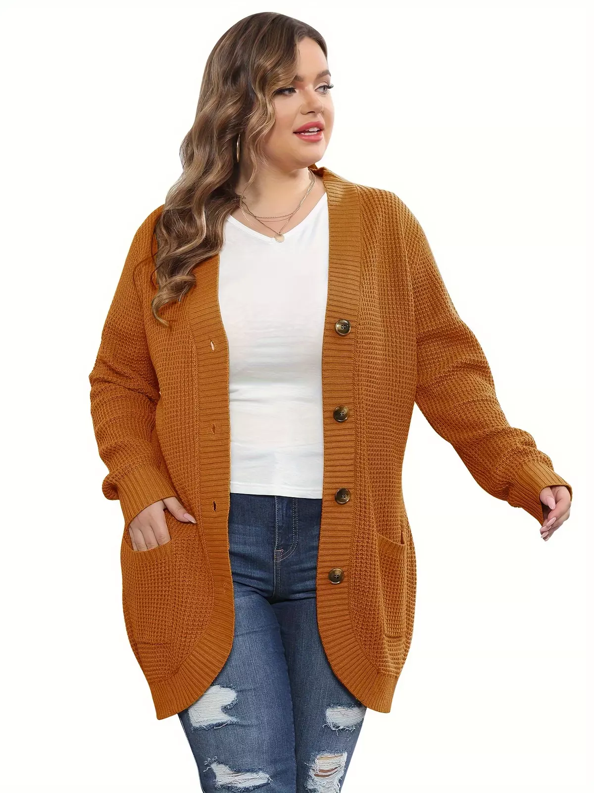 Plus Size Open Front Buttons Cardigan, Casual Long Sleeve Cardigan With Pockets, Women's Plus Size Clothing