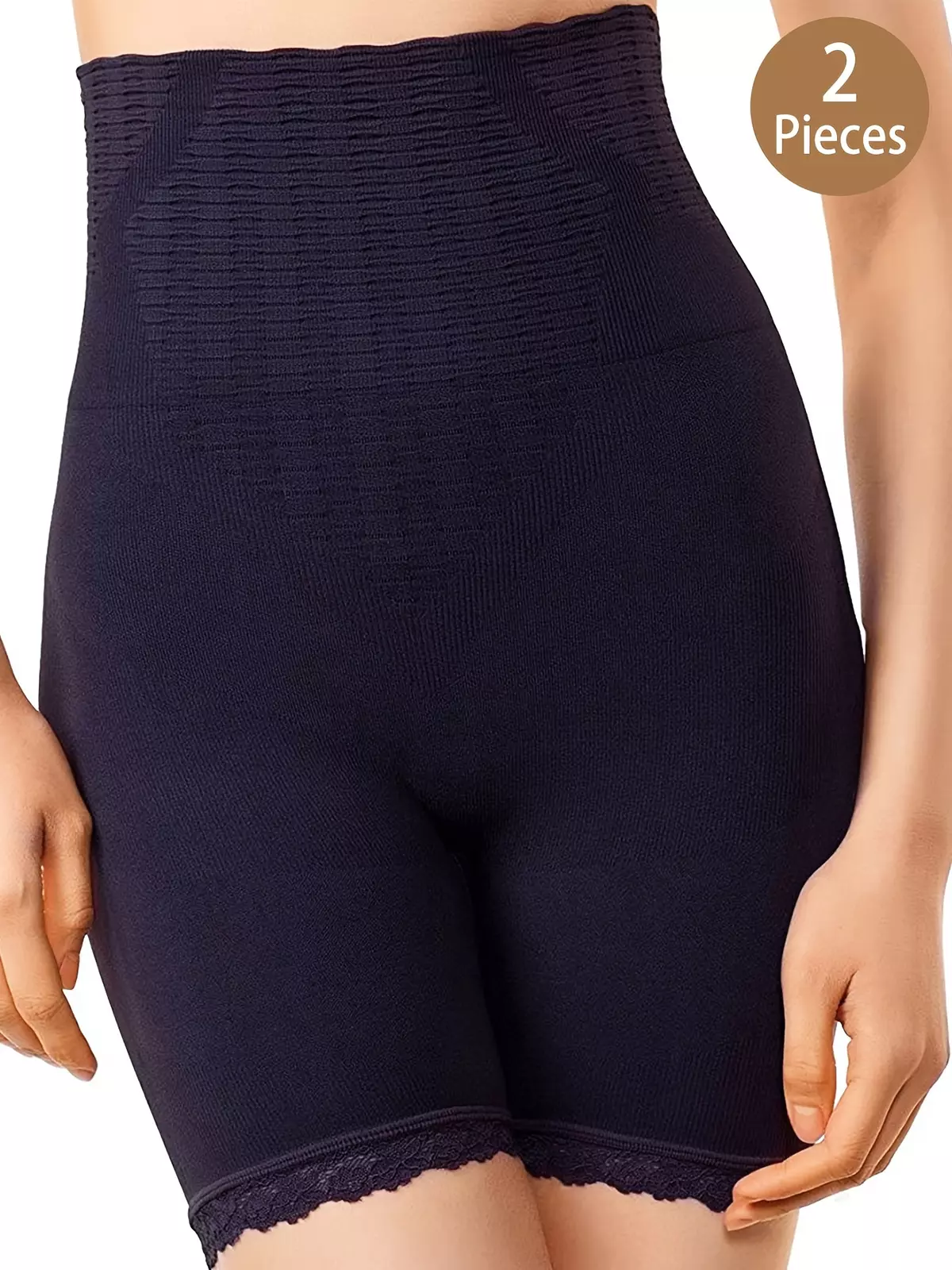 2-Pack High Waist Shapewear Shorts For Women, Anti-Chafing Lace Trim Thigh Slimmers, Breathable Body Shaper-Black