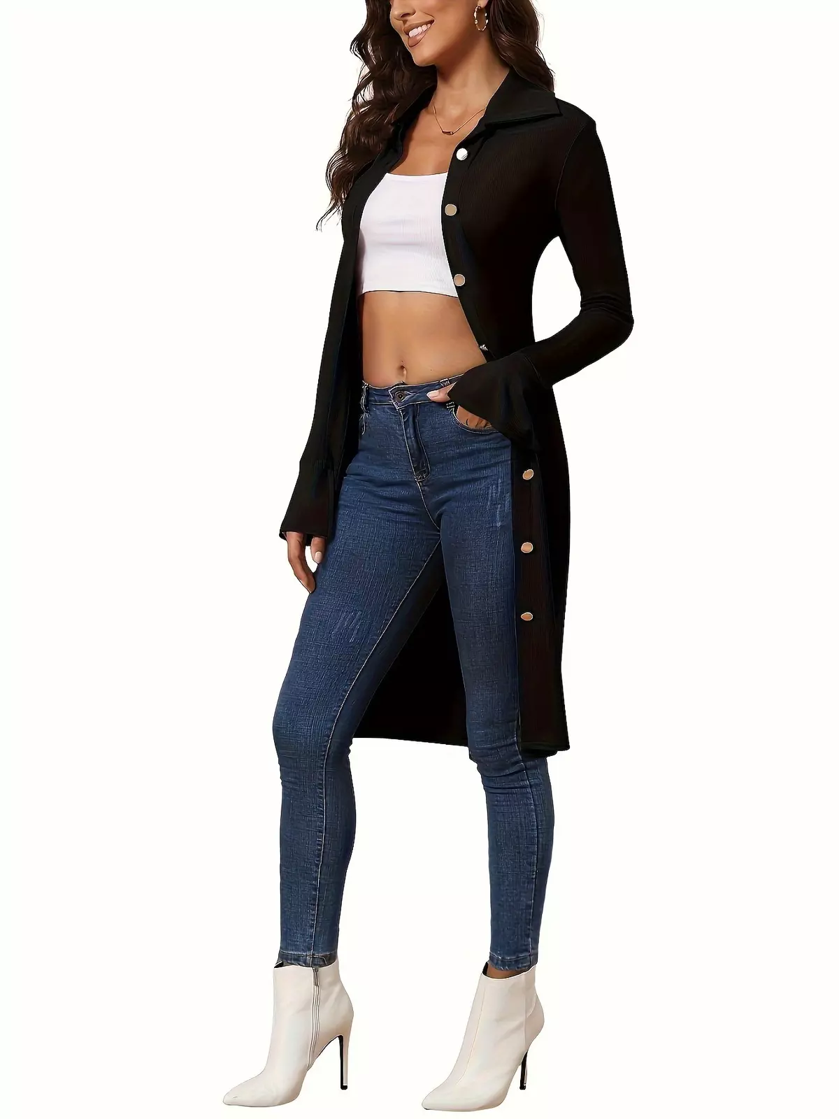 Solid Color Button Front Jacket, Casual Long Sleeve Slim Long Length Cardigan For Spring & Fall, Women's Clothing-Khaki