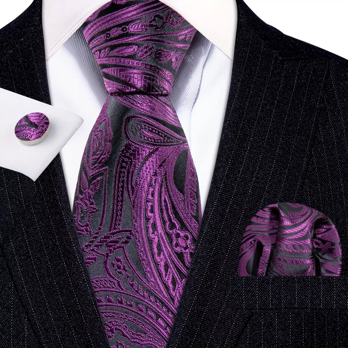 1 Set Men's Classic Silk Necktie With Hanky And Cufflinks For Business & Wedding