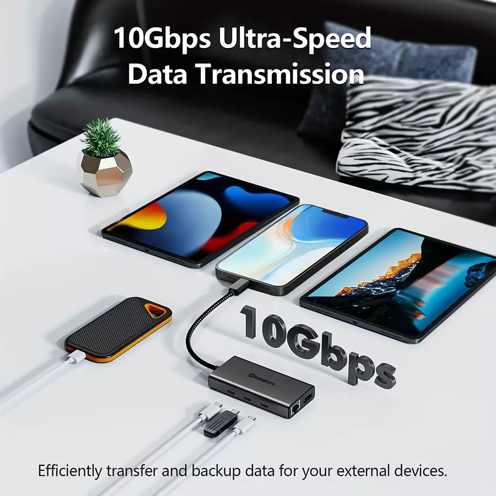 Multiport Adapter, Minisopuru Hub With 4K HDTV, USB-C 10Gbps Data Port, 100W Power Delivery, Ethernet, USB C To USB C Hub Compatible With MacBook Pro, Chromebook, XPS, IMac, Surface