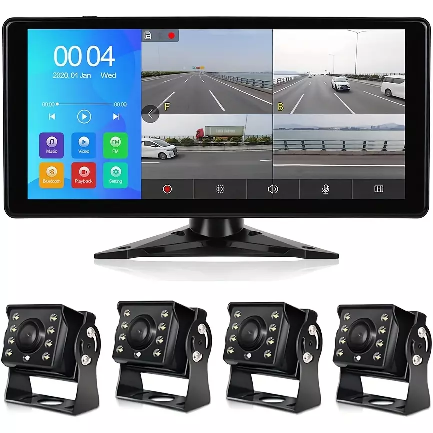 EVERSECU10.36 Touch Screen 4K Quad Display Monitor & Car Backup Cameras System & 4pcs 1080P Backup AHD Cameras, MP5 Player, Vehicle DVR Recorder for RV/Truck/Bus/Trailer/Camper/Van