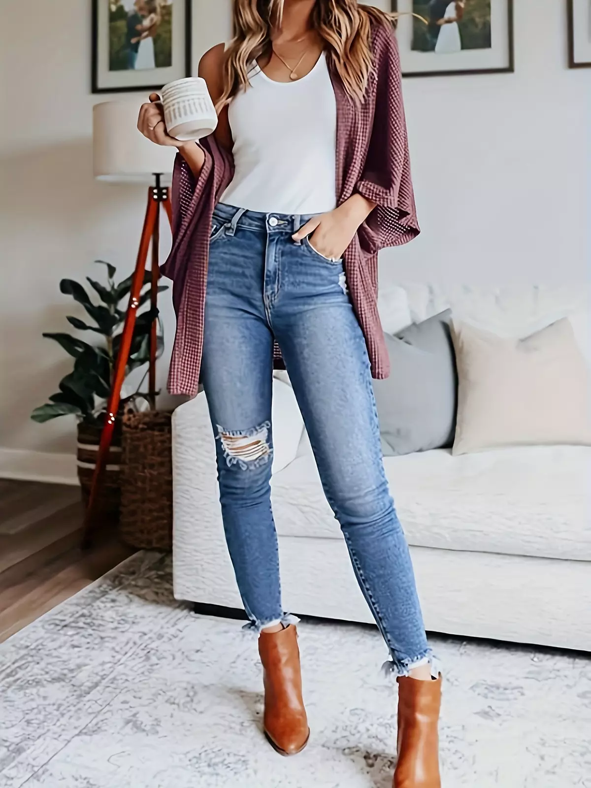 Stylish Plus Size Waffle-Knit Cardigan - Comfy Batwing Sleeves, Open-Front Design for Casual Wear-Black