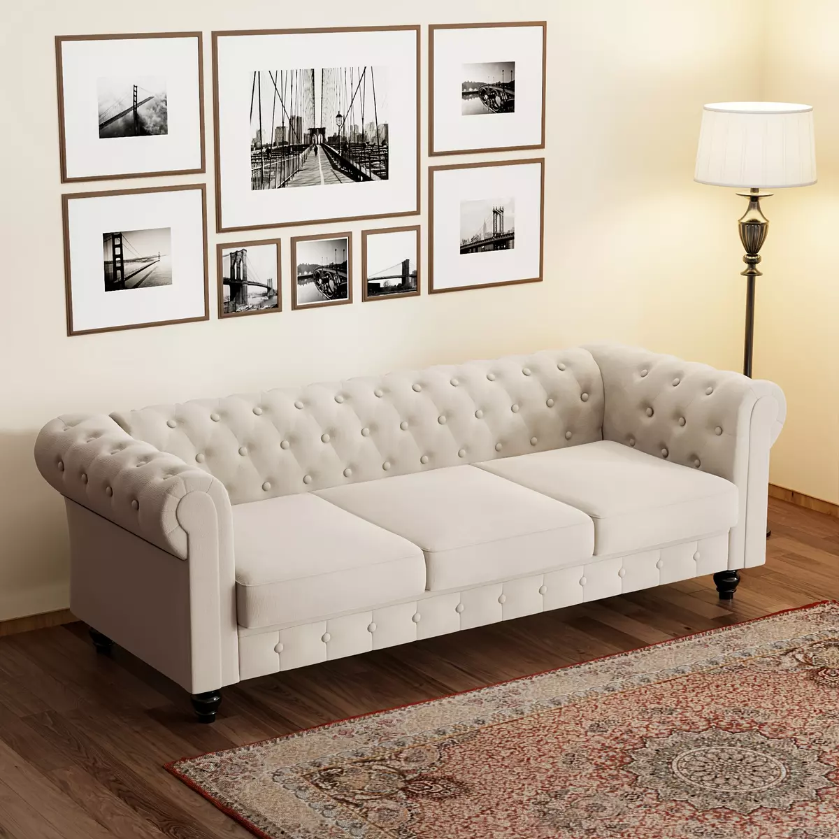 1pc Chesterfield Velvet Upholstered Couch,88.2" 3 Seaters Beige Tufted Sofa with Button Decoration and Classical Wood Legs,for Living room,Bedroom,Office,Apartment