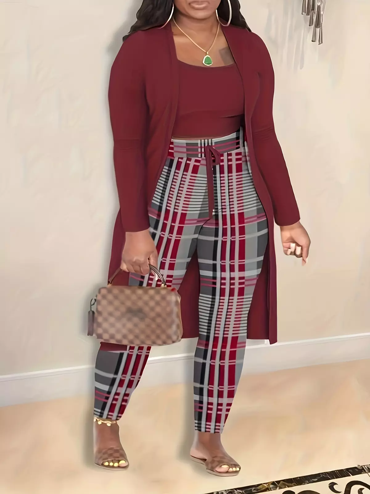 Plus Size Casual Outfits Set, Women's Plus Solid Long Sleeve Open Front Cardigan & Tank Top & Plaid Print High Waisted Leggings Outfits Three Piece Set-Army Green