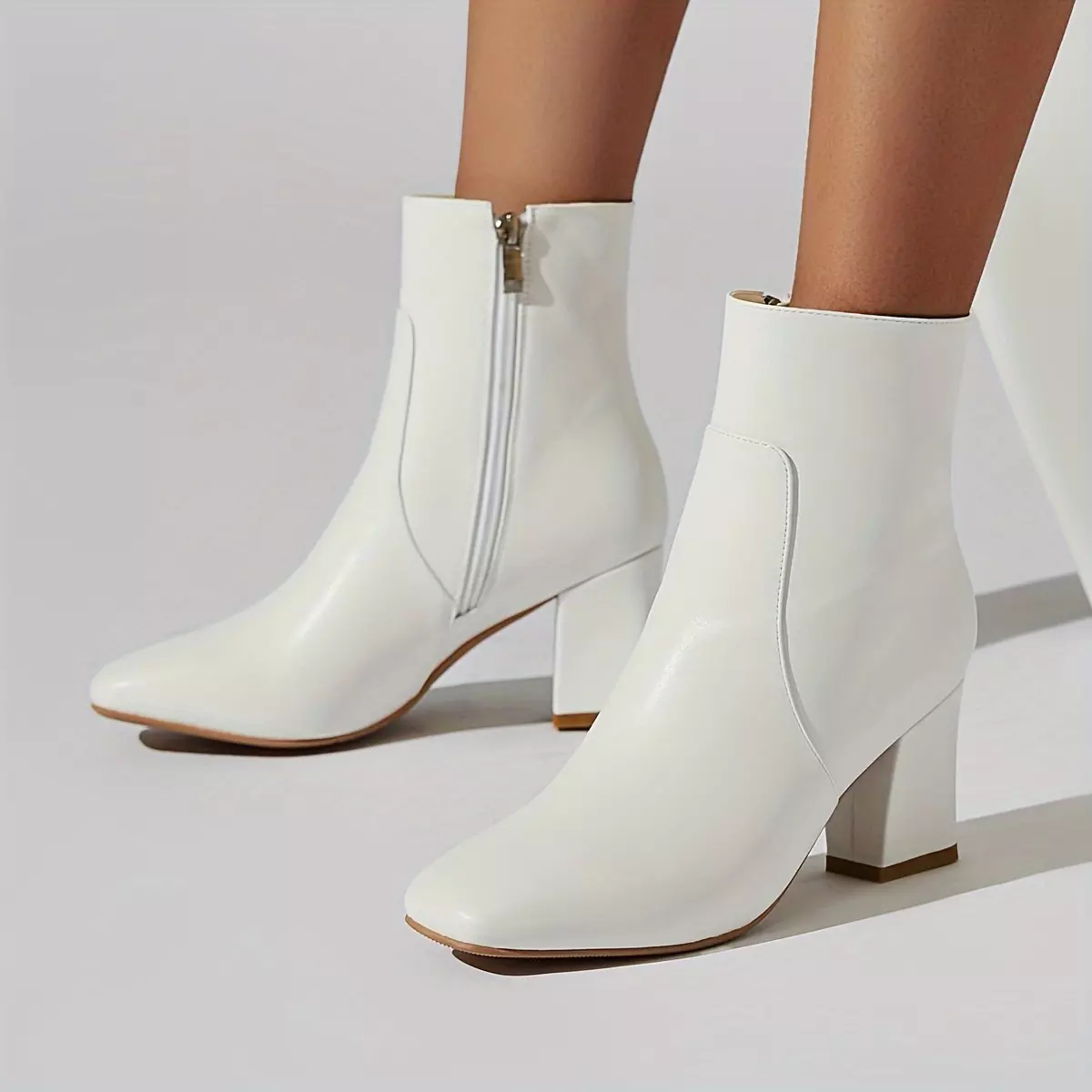 Women's Square Toe High Heels Ankle Boots, Chunky Heel Side Zipper Short Booties, Solid Color Boots-White