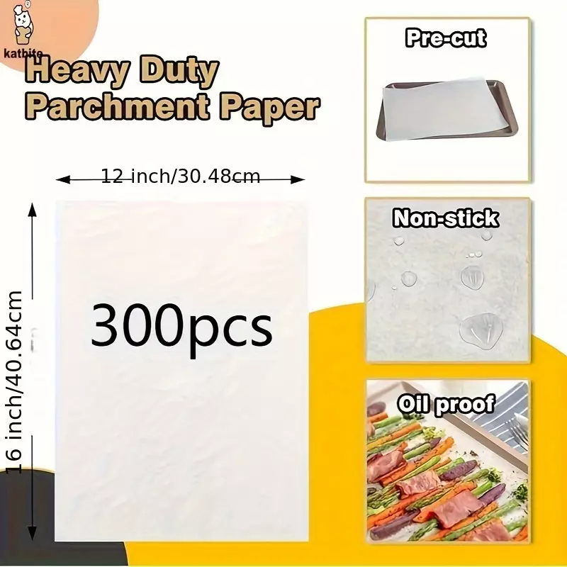 Katbite 300PCS 12x16 In Heavy Duty Flat Parchment Paper, Parchment Paper Sheets for Baking Cookies, Cooking, Frying, Air Fryer, Grilling Rack, Oven(12x16 Inch)-White