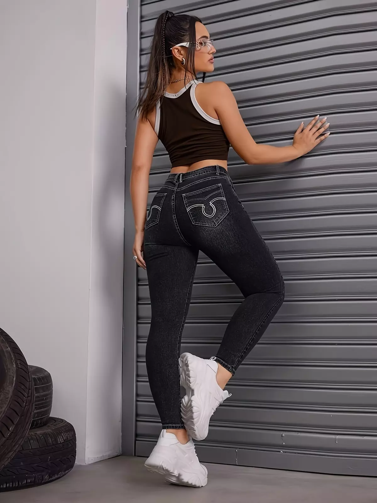 Slim Fit Casual Skinny Jeans, High Stretch Slant Pockets Tight Jeans, Women's Denim Jeans & Clothing-grey