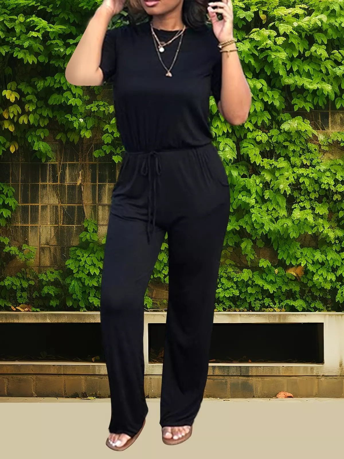 Plus Size Simple Solid Jumpsuit, Casual Short Sleeve Crew Neck Jumpsuit, Women's Plus Size Clothing
