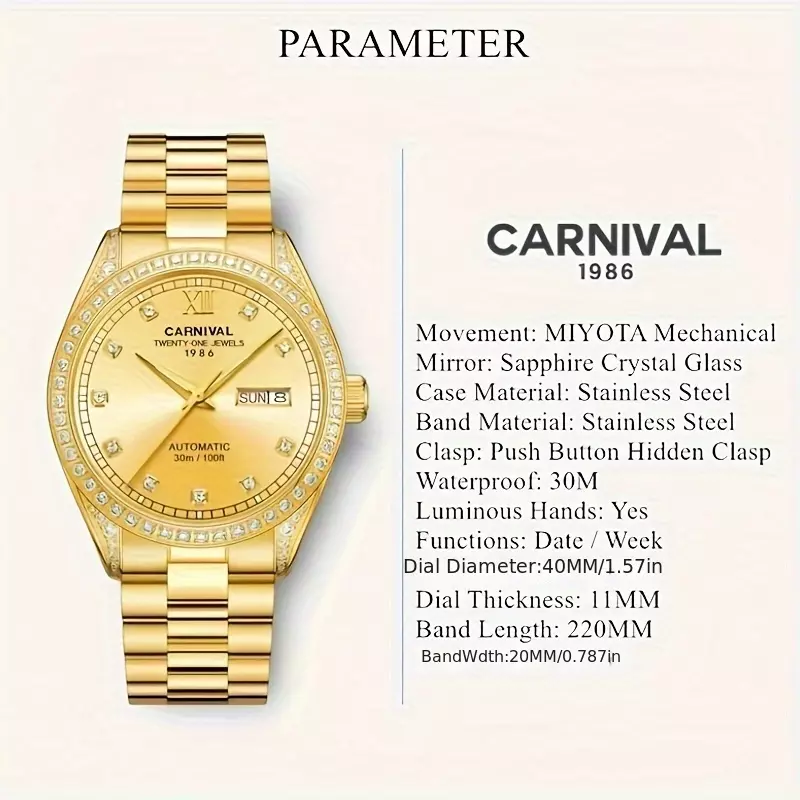 Carnival Men's Luxury Full Automatic Mechanical Watch, Sleek Stainless Steel Design, Water-Resistant, Elegant Accessory for Every Occasion