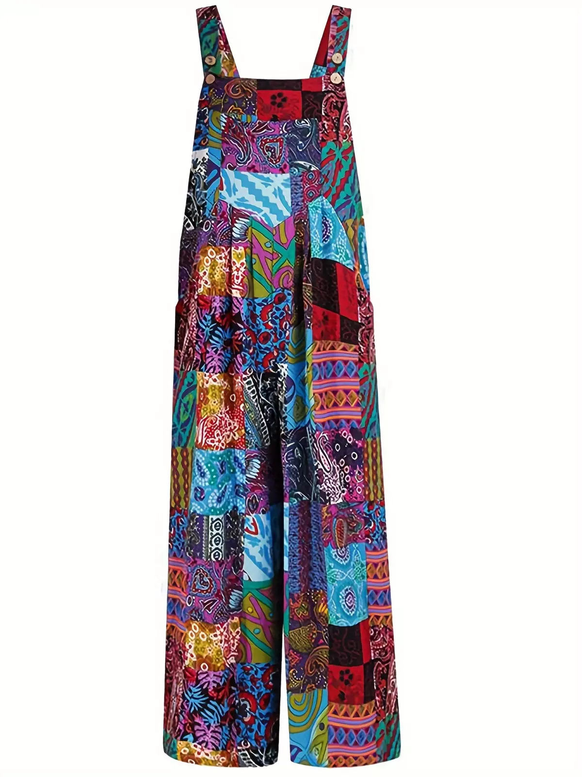 Vintage Patchwork Print Overall Jumpsuit, Casual Button Pockets Overall Jumpsuit For Spring & Summer, Women's Clothing-Mixed Color
