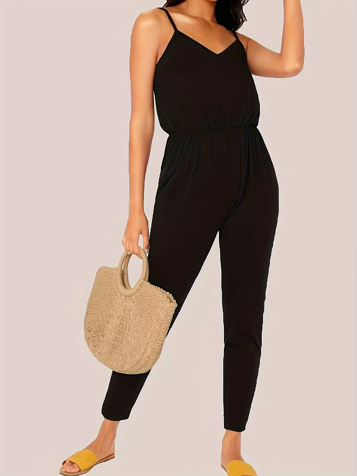 Solid Color Spaghetti Strap Jumpsuit, Elegant Waist Tied Sleeveless Slim Jumpsuit For Spring & Summer, Women's Clothing