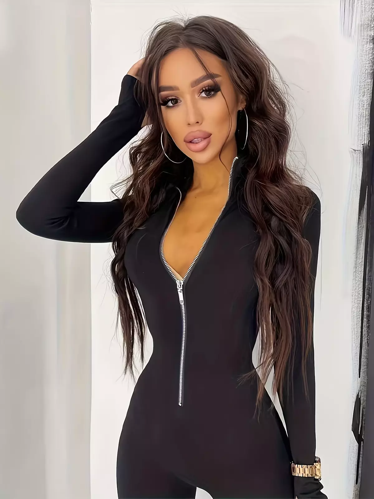 Plus Size Solid Zipper Front Slim Jumpsuit, Sexy Long Sleeve Jumpsuit, Women's Plus Size Clothing