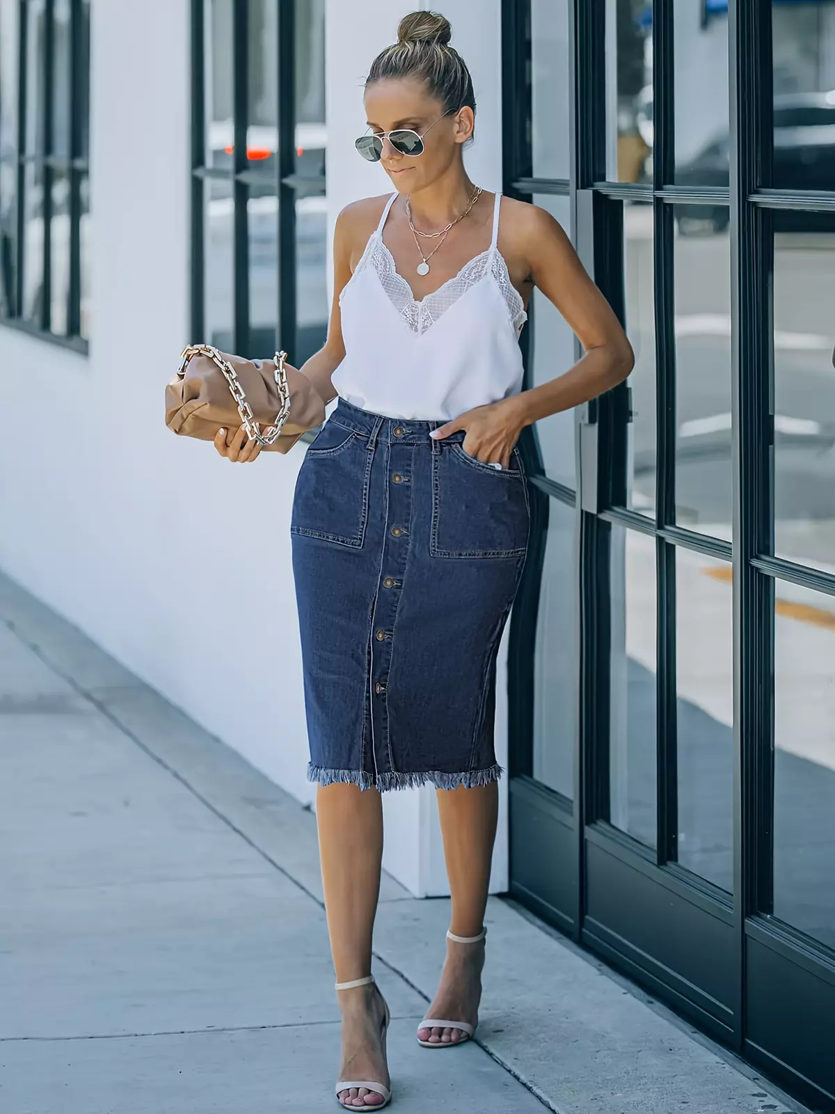 Women's Casual Versatile Plain Single-breasted Button-Front Denim Skirt With Frayed Hem, Knee-Length Jean Pencil Skirt