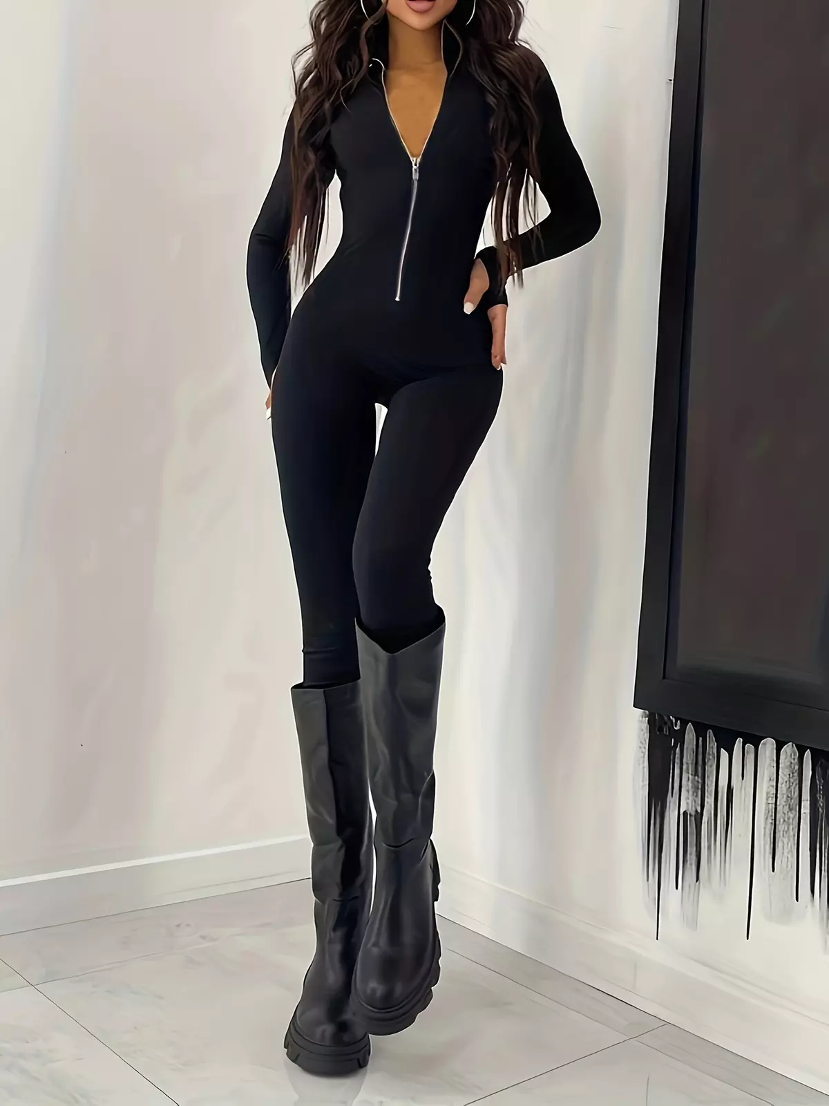 Plus Size Casual Jumpsuit, Women's Plus Solid Zipper Long Sleeve High Neck Skinny Jumpsuit-Dark Brown