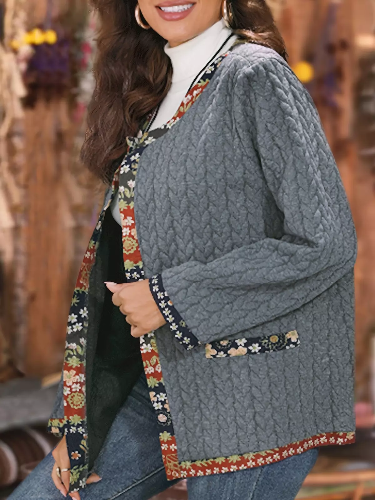 Plus Size Boho Coat, Women's Plus Jacquard Floral Trim Long Sleeve Medium Stretch Cardigan-grey