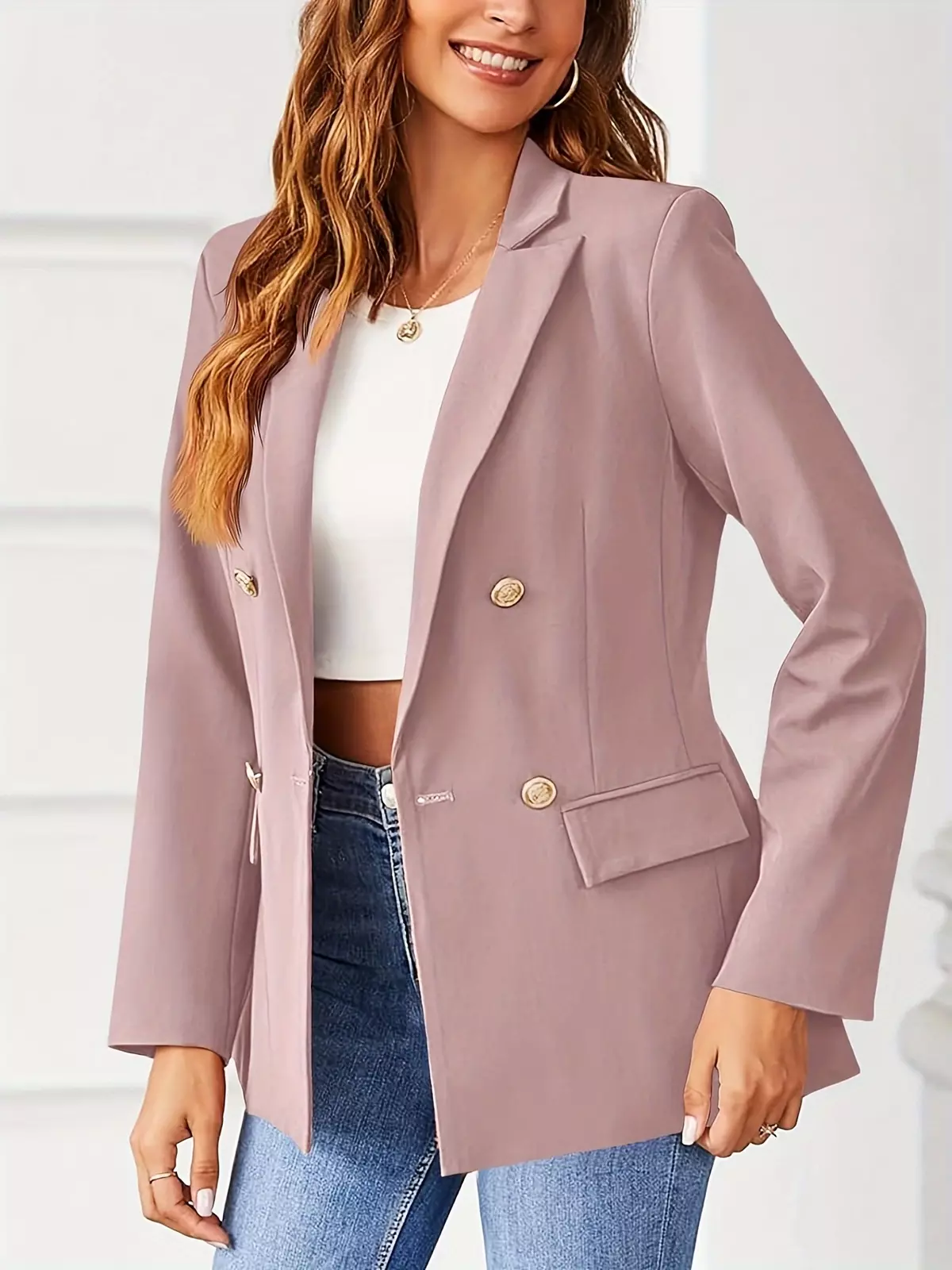 Womens Solid Color Casual Long Sleeve Lapel Button Blazer Jacket-Pink Color