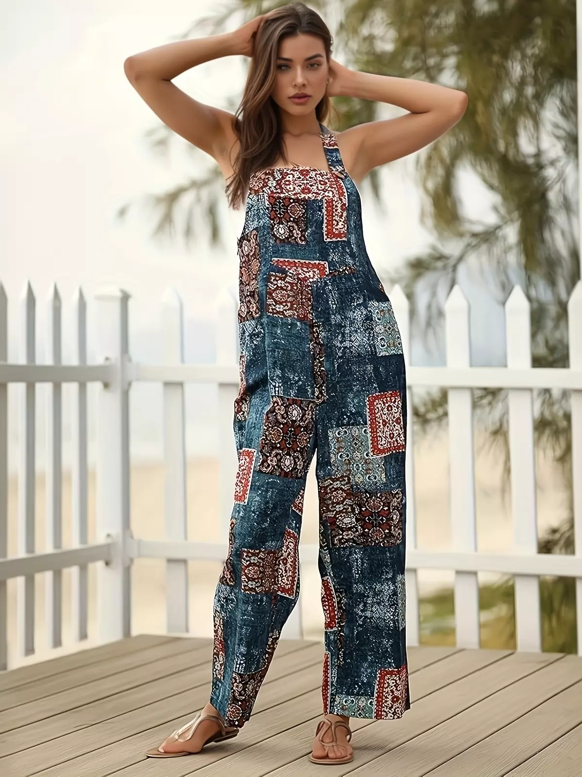 Floral Print Jumpsuit, Vintage Sleeveless Wode Leg Jumpsuit With Pockets, Women's Clothing-Dark Green