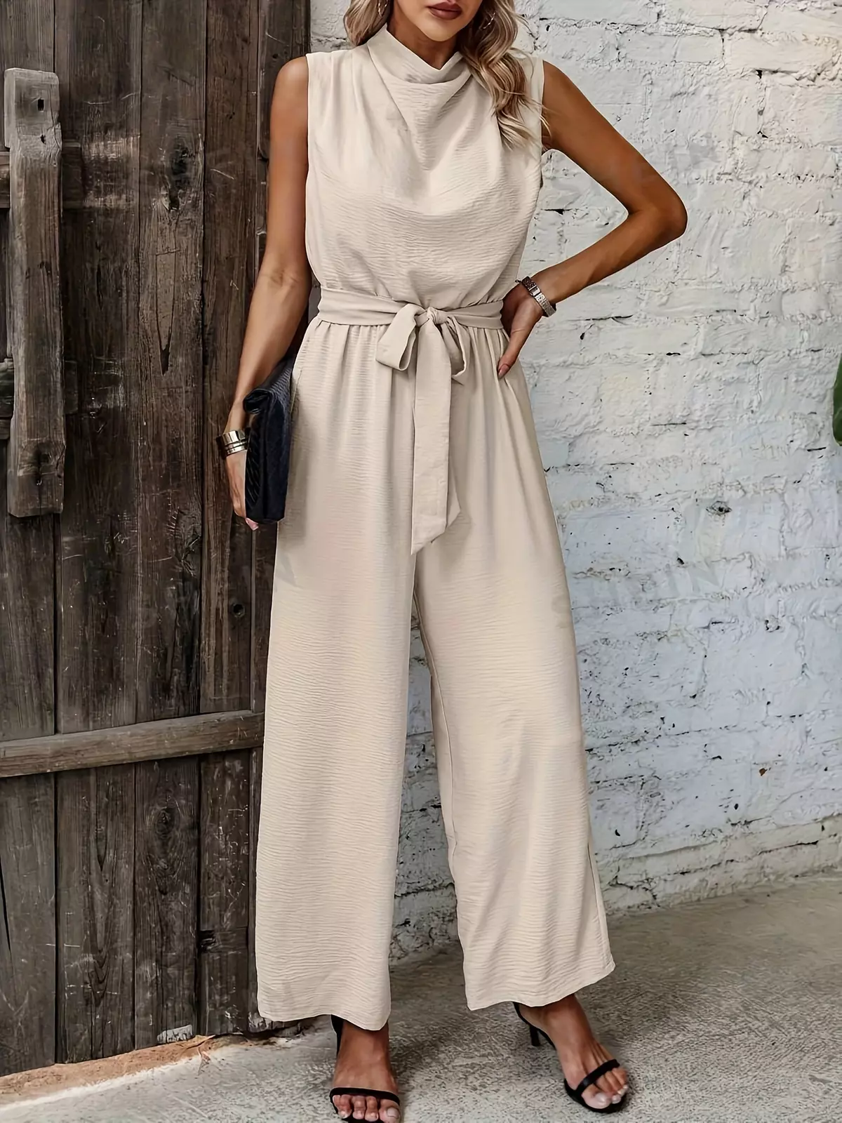Solid Color Cut Out Back Jumpsuit, Elegant Sleeveless Belted Jumpsuit For Spring & Summer, Women's Clothing