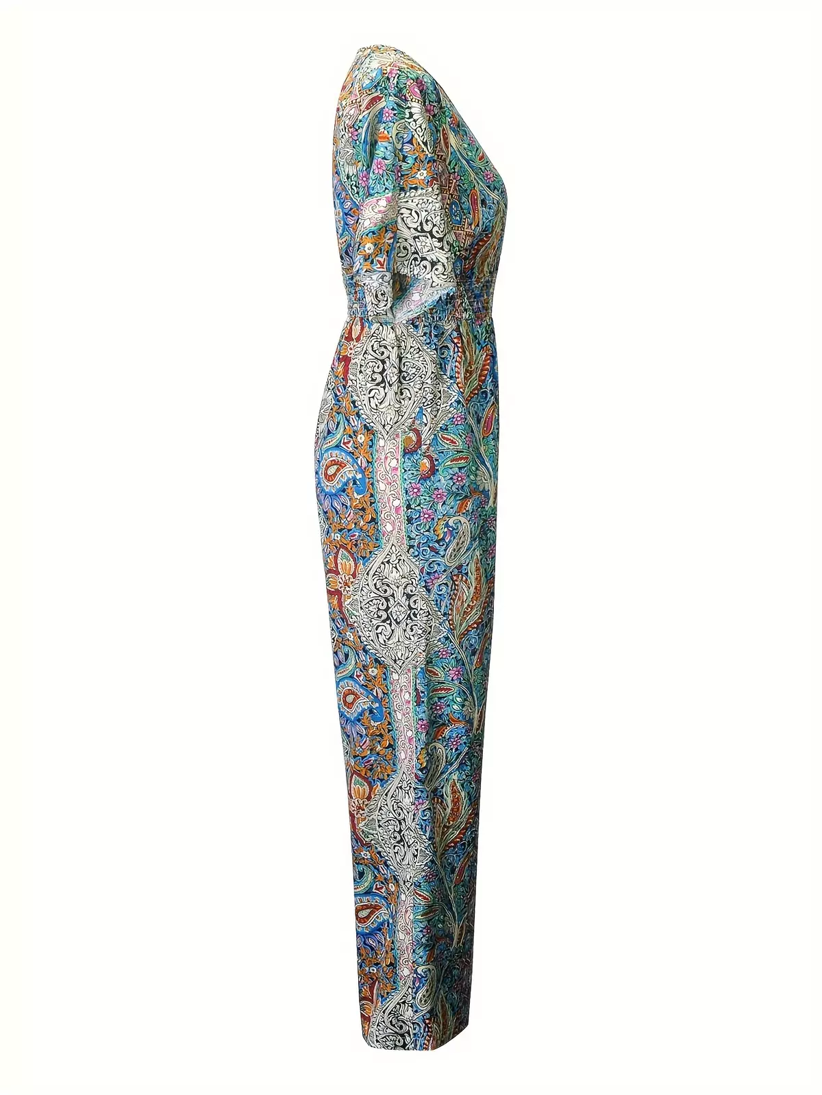 Paisley Print Surplice Neck Jumpsuit, Casual Short Sleeve Shirred Waist Jumpsuit For Spring & Summer, Women's Clothing