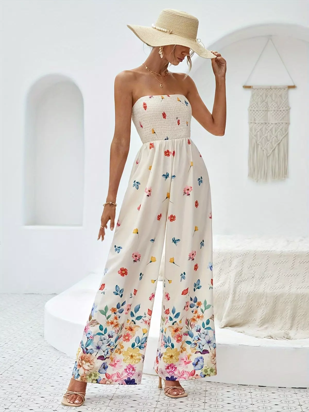 Floral Print Shirred Tube Jumpsuit, Elegant Sleeveless Backless Wide Leg Jumpsuit For Spring & Summer, Women's Clothing