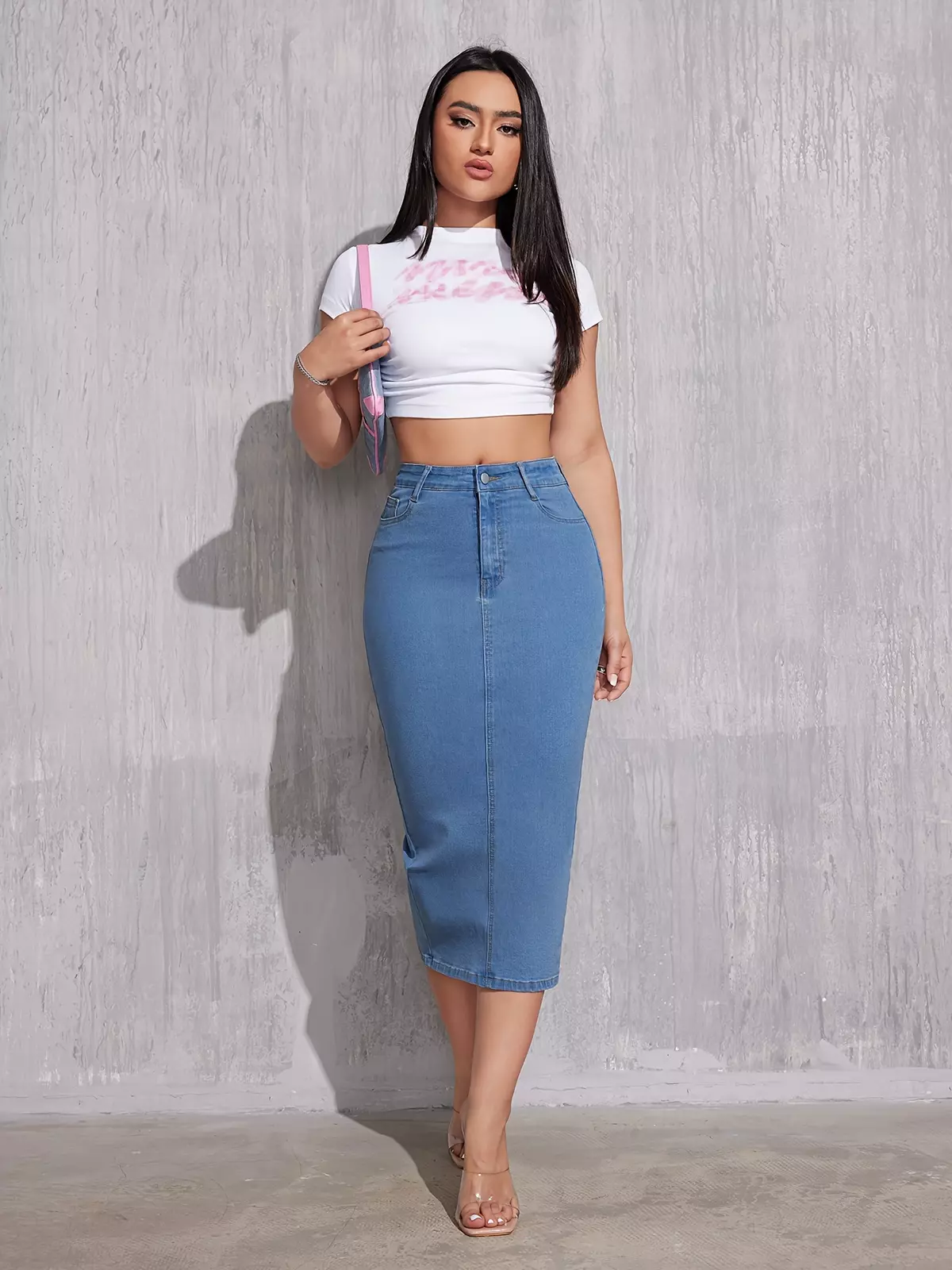 Plain Split Hem Bodycon Midi Denim Skirt, Washed Blue Zipper Button Closure Denim Skirt, Women's Denim Jeans & Clothing