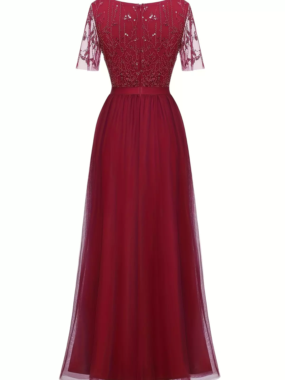 Contrast Mesh High Waist Dress, Elegant Crew Neck Maxi Party Dress, Women's Clothing-Navy Blue