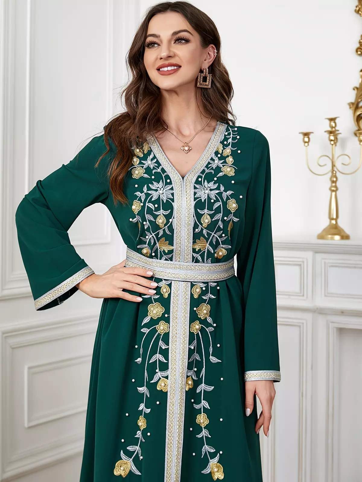Ramadan Beaded Floral Pattern Kaftan, Elegant Long Sleeve V Neck Maxi Dress, Women's Clothing-Blue