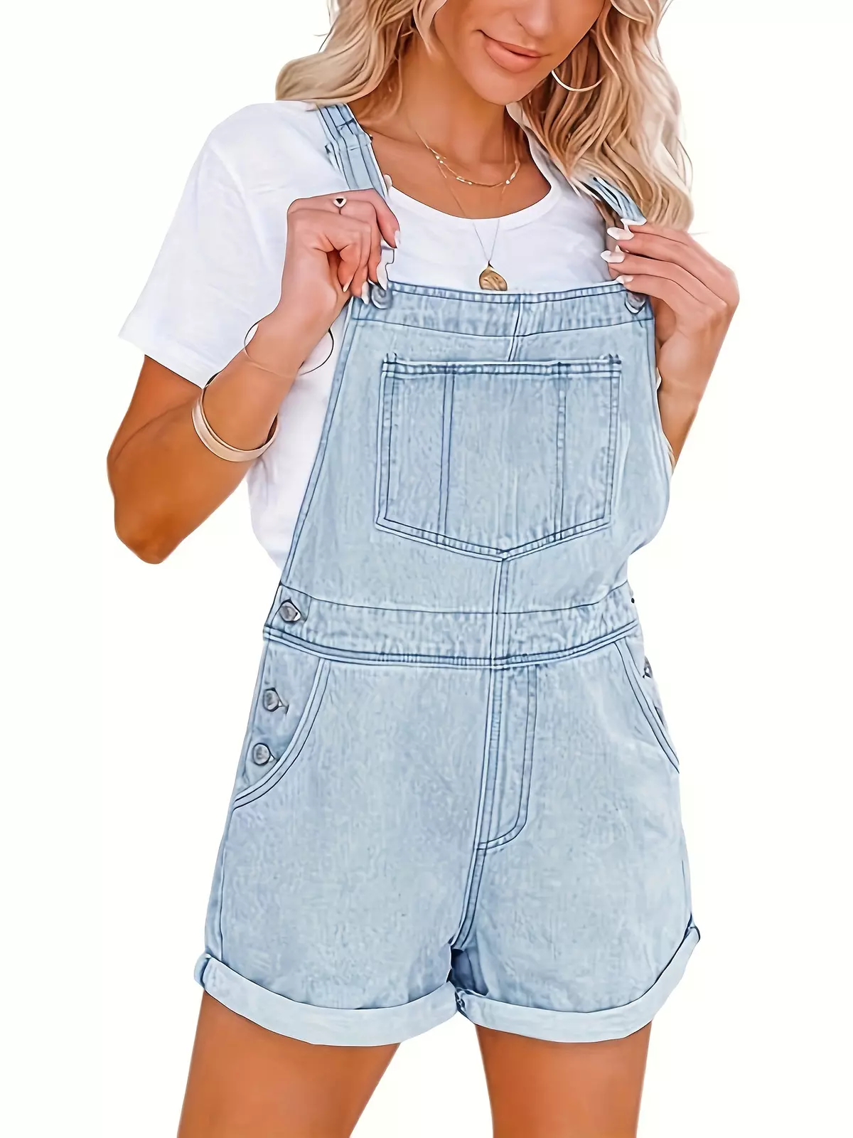 Solid Color Square Neck Overall Jumpsuit, Casual Button Decor Sleeveless Pocket Overall Jumpsuit For Spring & Summer, Women's Clothing-grey