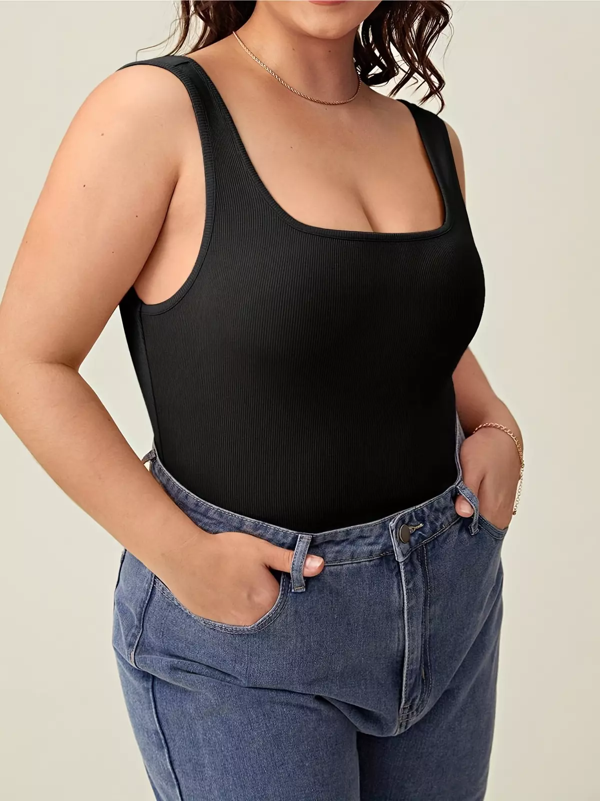 Plus Size Casual Bodysuit, Women's Plus Solid Ribbed Scoop Neck High Stretch Bodysuit