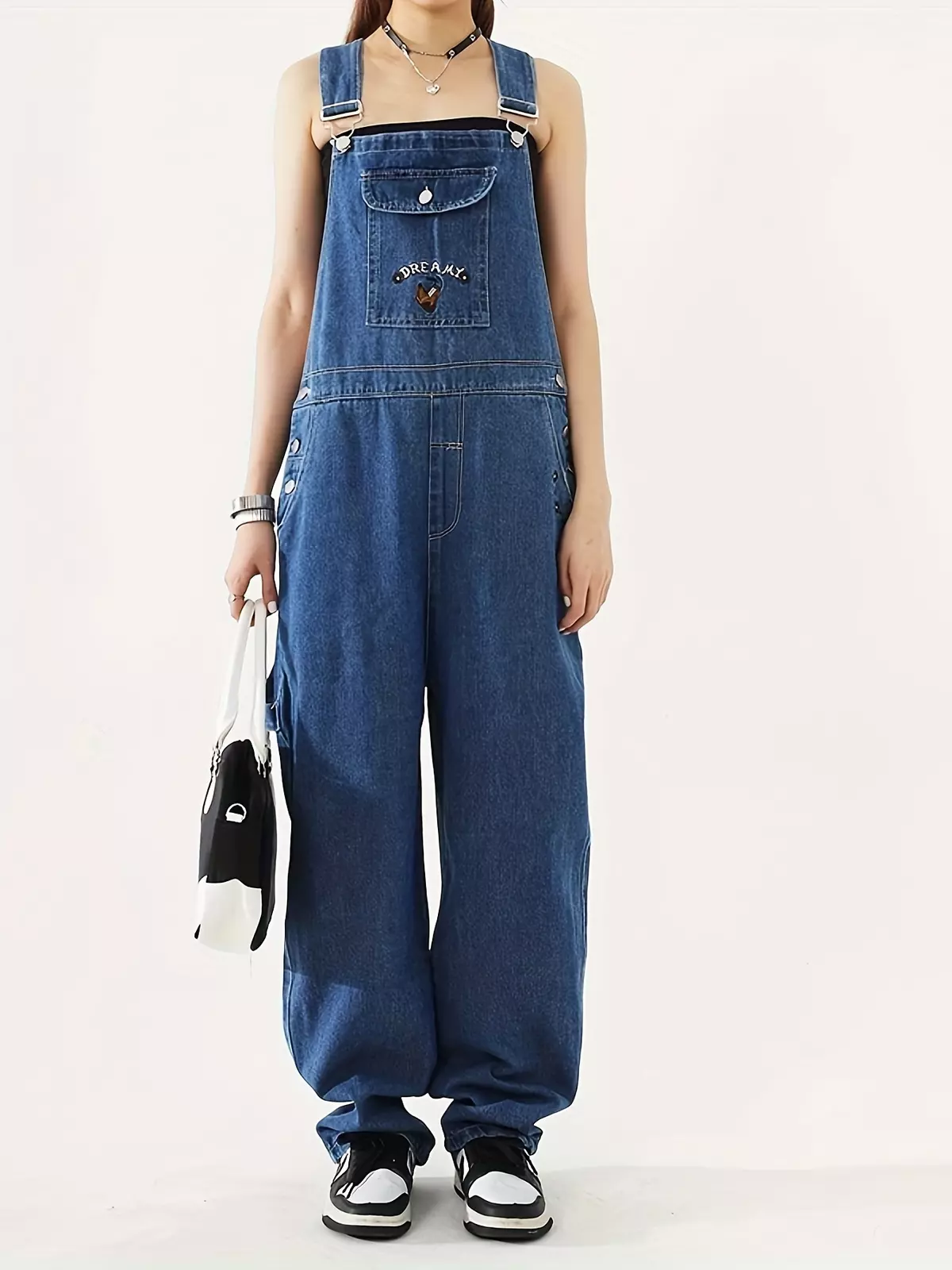 Dog Letter Embroidery Patch Pocket Cute Denim Overalls, Loose Fit Adjustable Strap Casual Denim Jumpsuit, Women's Denim Jeans & Clothing