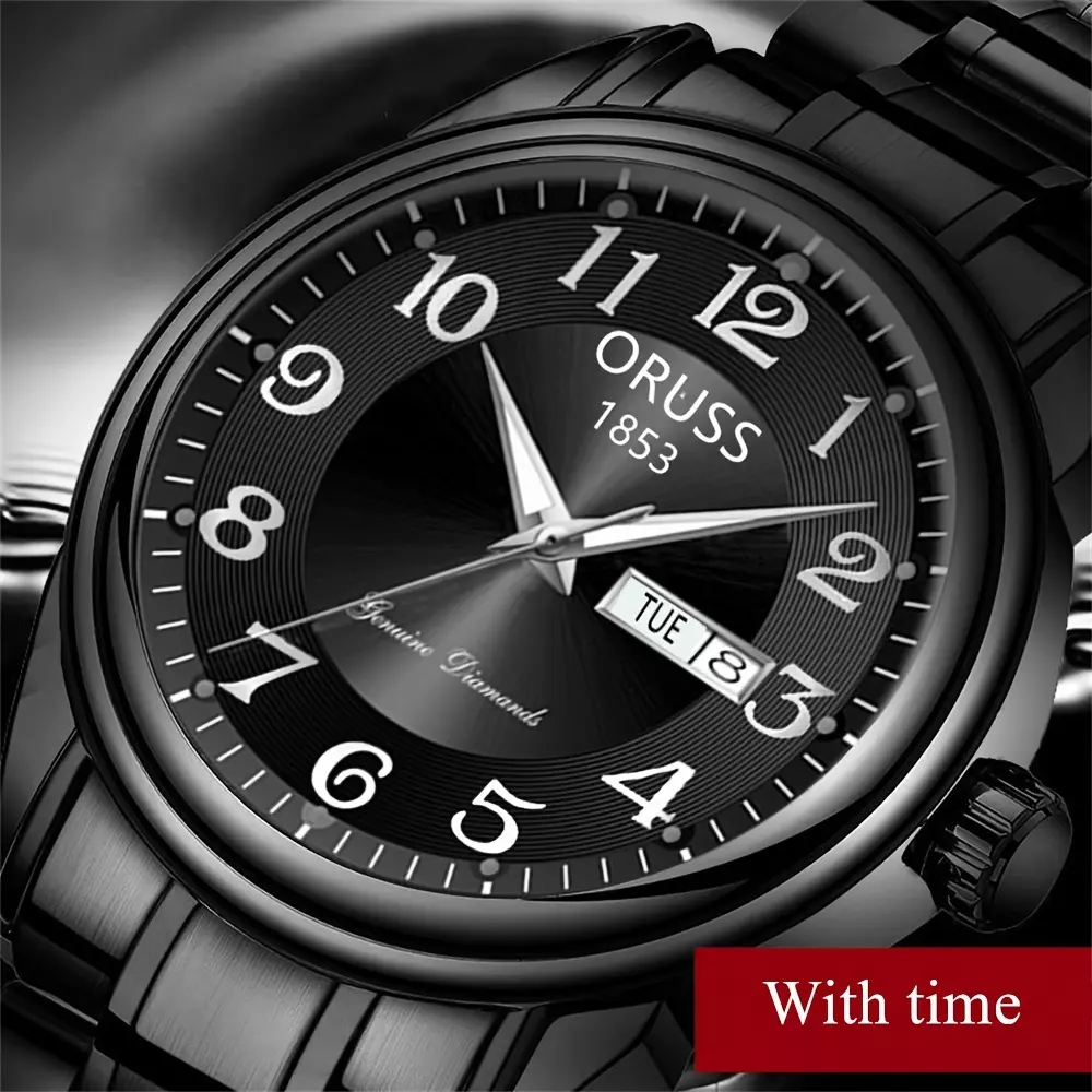 Elegant Men's Quartz Watch - Stainless Steel, Calendar Feature, Perfect for Business & Gifts, Classic Round Dial-Black Strap Black