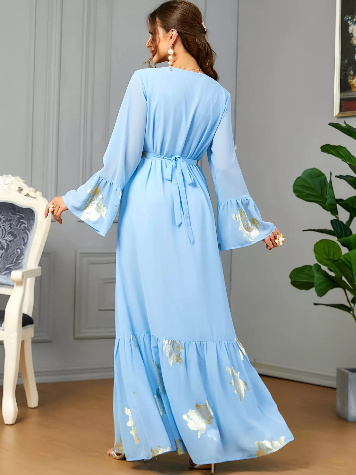 Ramadan Contrast Mesh V Neck Kaftan, Elegant Bell Sleeve Maxi Dress, Women's Clothing-Royal Blue
