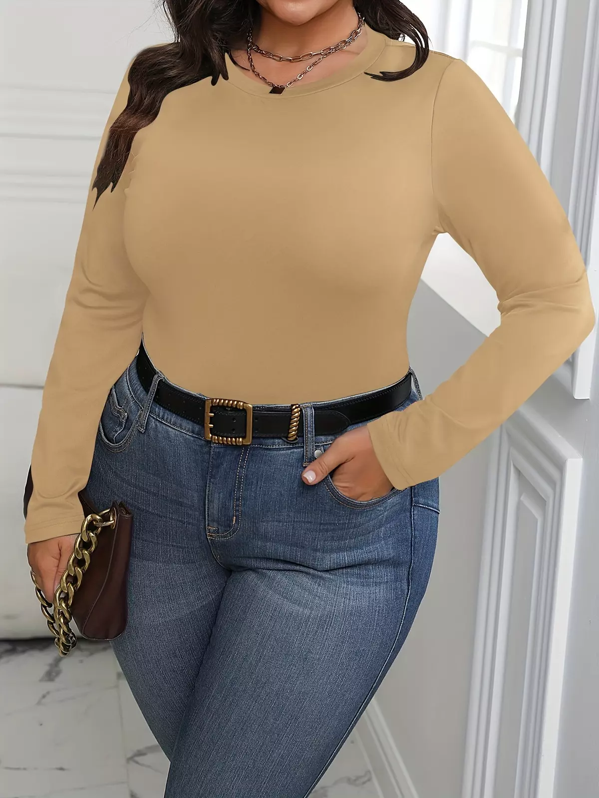 Plus Size Sexy Bodysuit, Women's Plus Solid Long Sleeve Round Neck Medium Stretch Slim Fit Tee Bodysuit-Light Beige