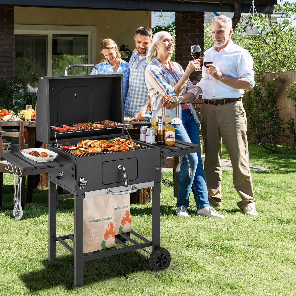 Costway Outdoor Charcoal Grill 391 sq.in. Cooking Area 2 Foldable Side Table BBQ Camping