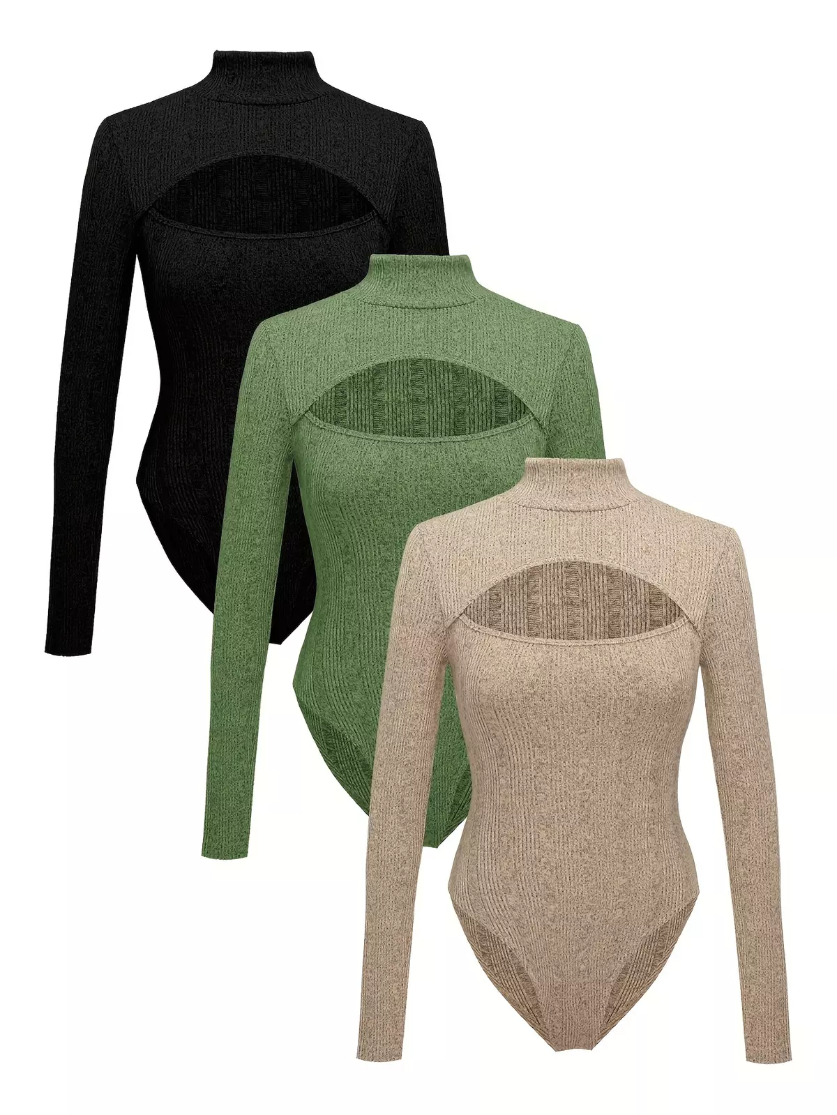 Solid Turtle Neck Bodysuit 3 Pack, Casual Turtle Neck Long Sleeve Bodysuit, Women's Clothing