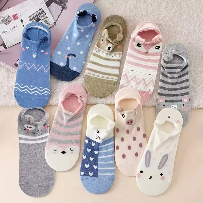 10 Pairs Cartoon Animal Print Socks, Comfy & Cute Low Cut Ankle Socks, Women's Stockings & Hosiery