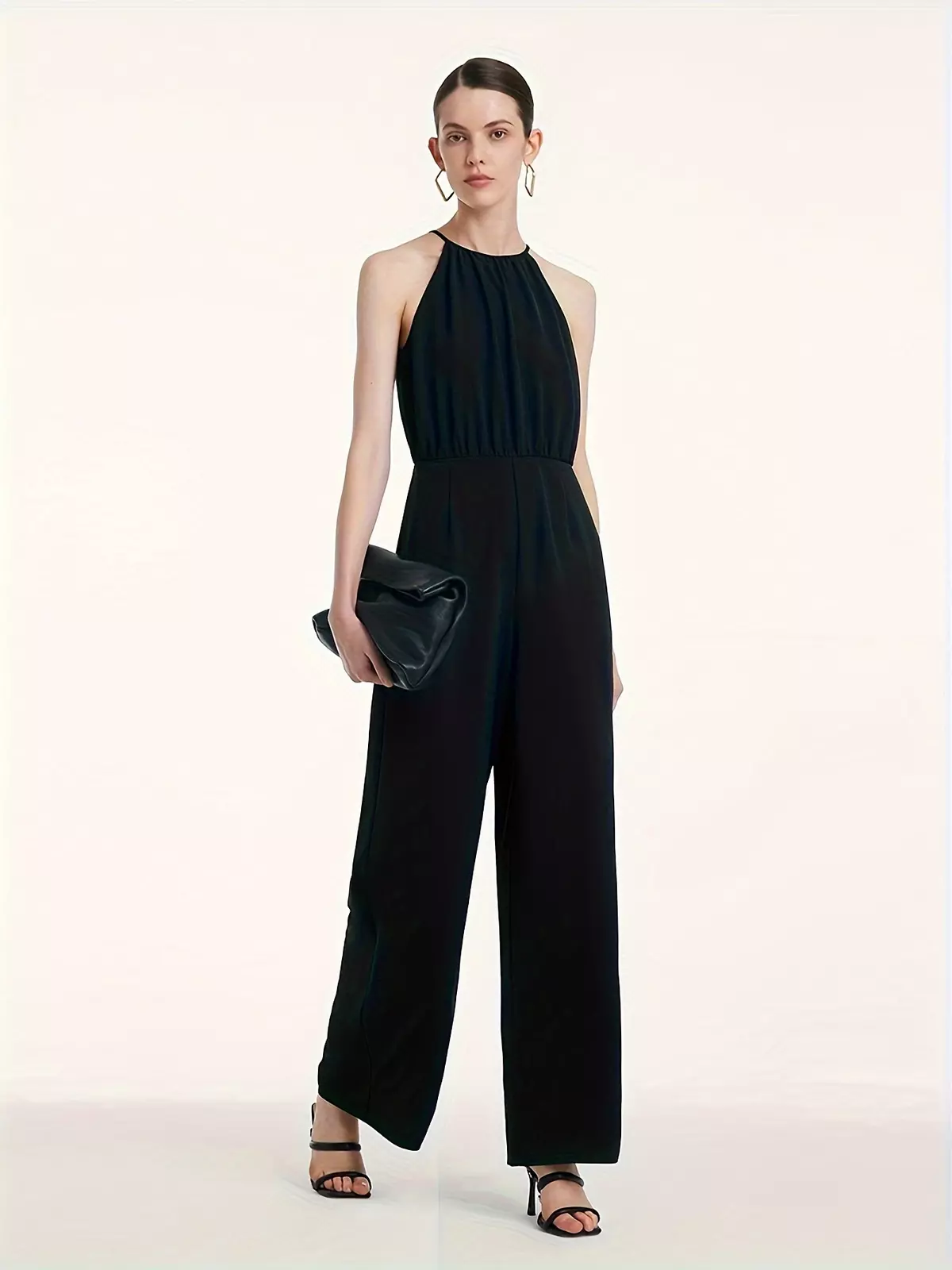 Solid Halter Neck Wide Leg Jumpsuit, Elegant Sleeveless Waist Zip Back Jumpsuit, Women's Clothing