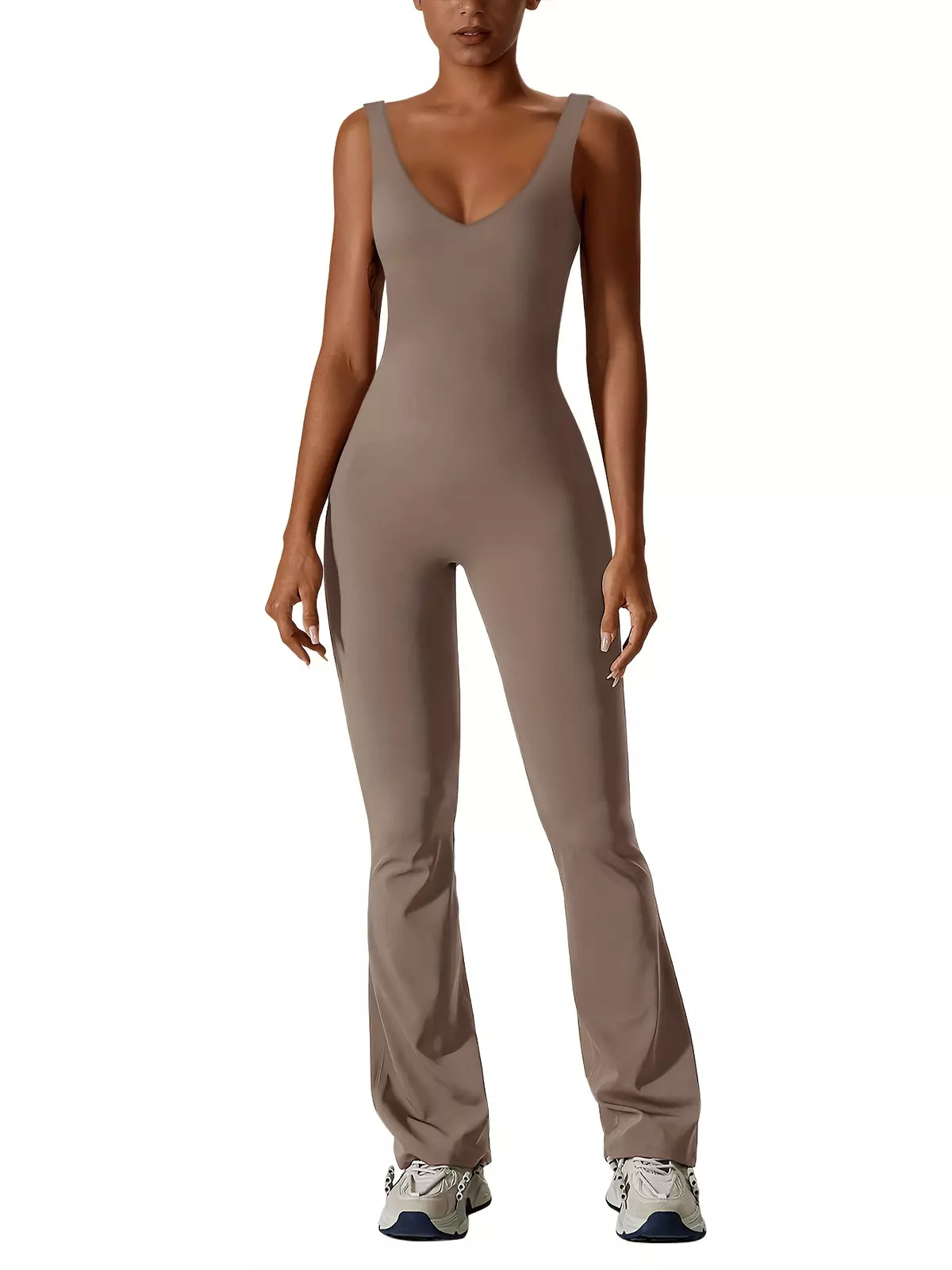 Solid Color V Neck Jumpsuit, YOUNG Sleeveless Slim Strap Jumpsuit For Spring & Summer, Women's Clothing-Gray Green