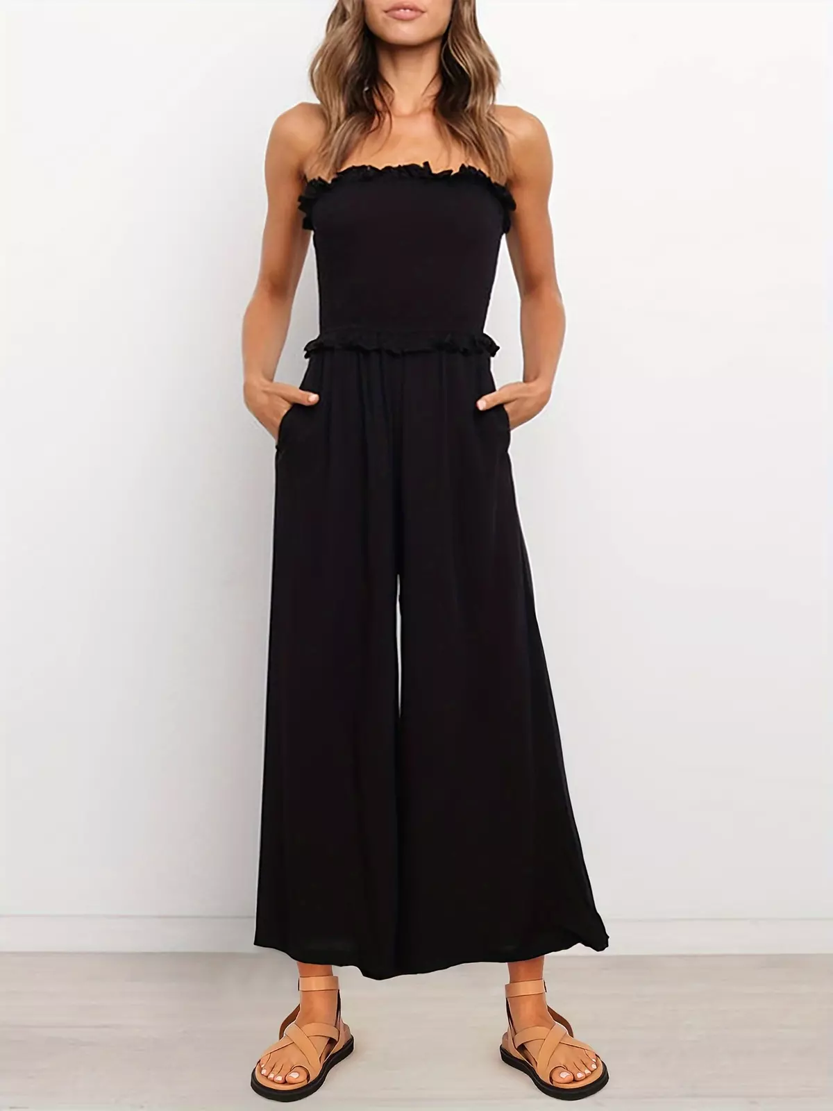 Solid Color Off Shoulder Jumpsuit, Casual Shirred Sleeveless Tube Jumpsuit For Spring & Summer, Women's Clothing