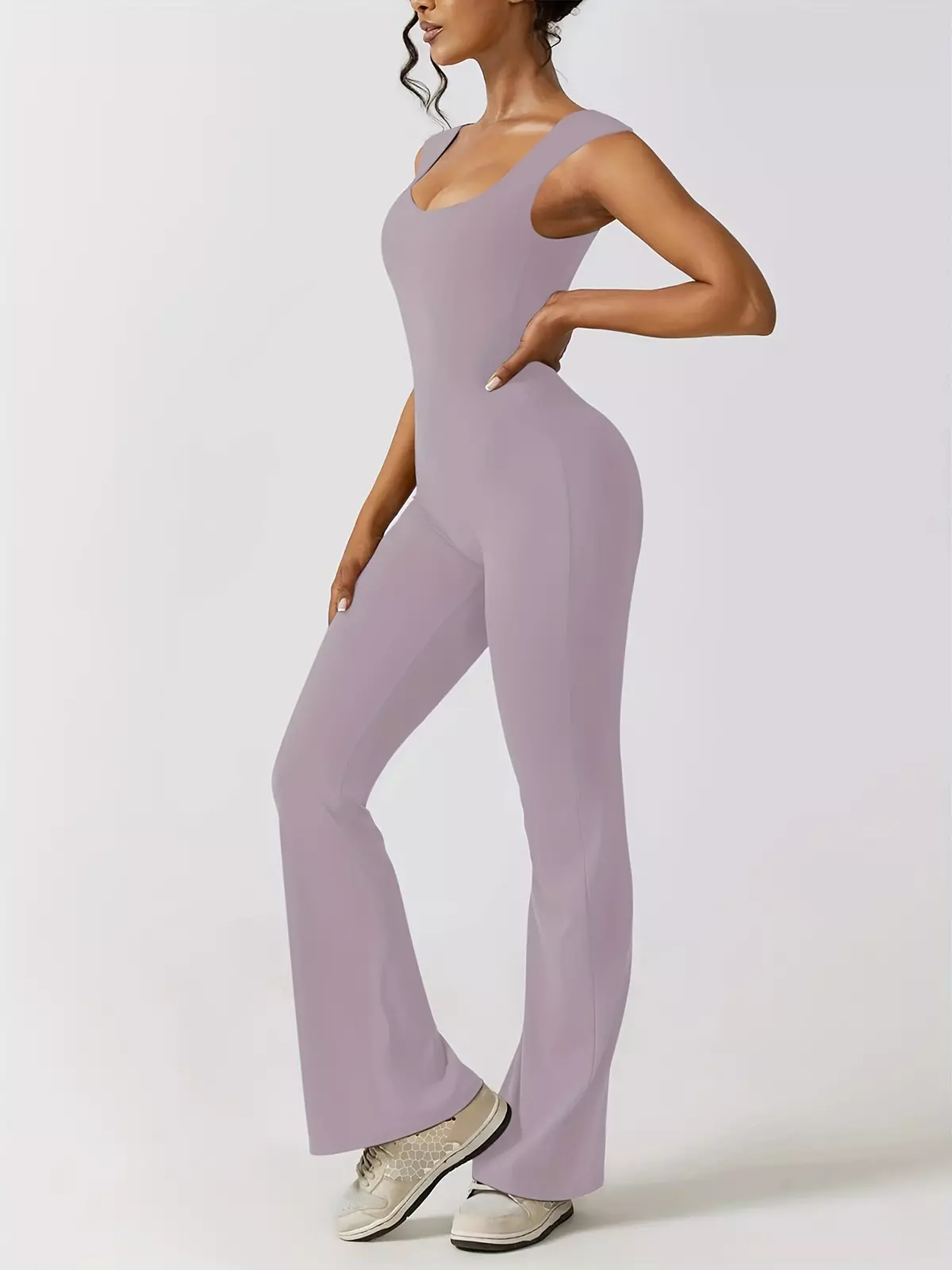 Solid Color Flared Leg Jumpsuit, YOUNG Sweetheart Neck Sleeveless Jumpsuit For Spring & Summer, Women's Clothing-Coffee
