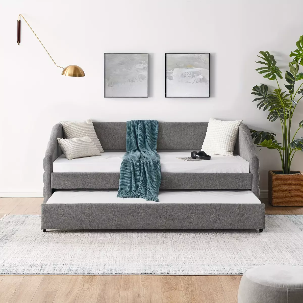 Double sofa bed with casters and soft cushioned plush sofa bed, linen fabric, gray (82.5 inches x 42.5 inches x 34 inches)