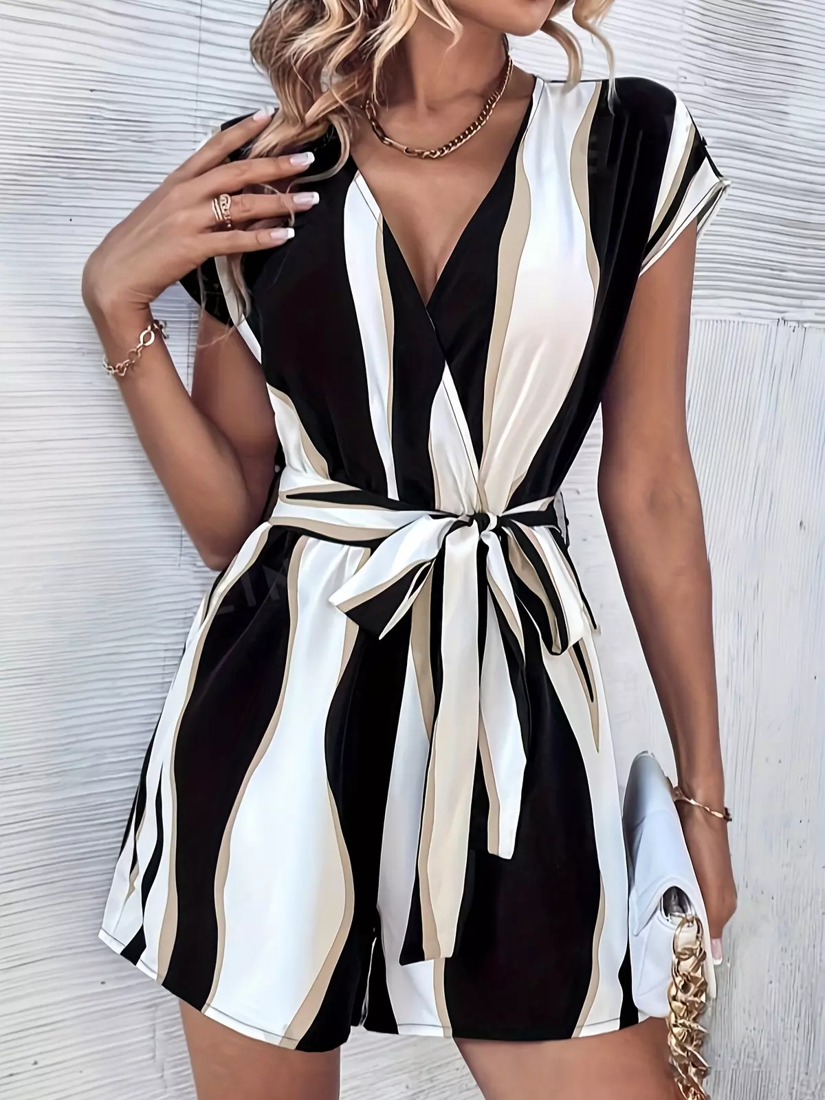 Allover Print Romper Jumpsuit, Elegant Surplice Neck Tie Waist V Neck Jumpsuit, Women's Clothing