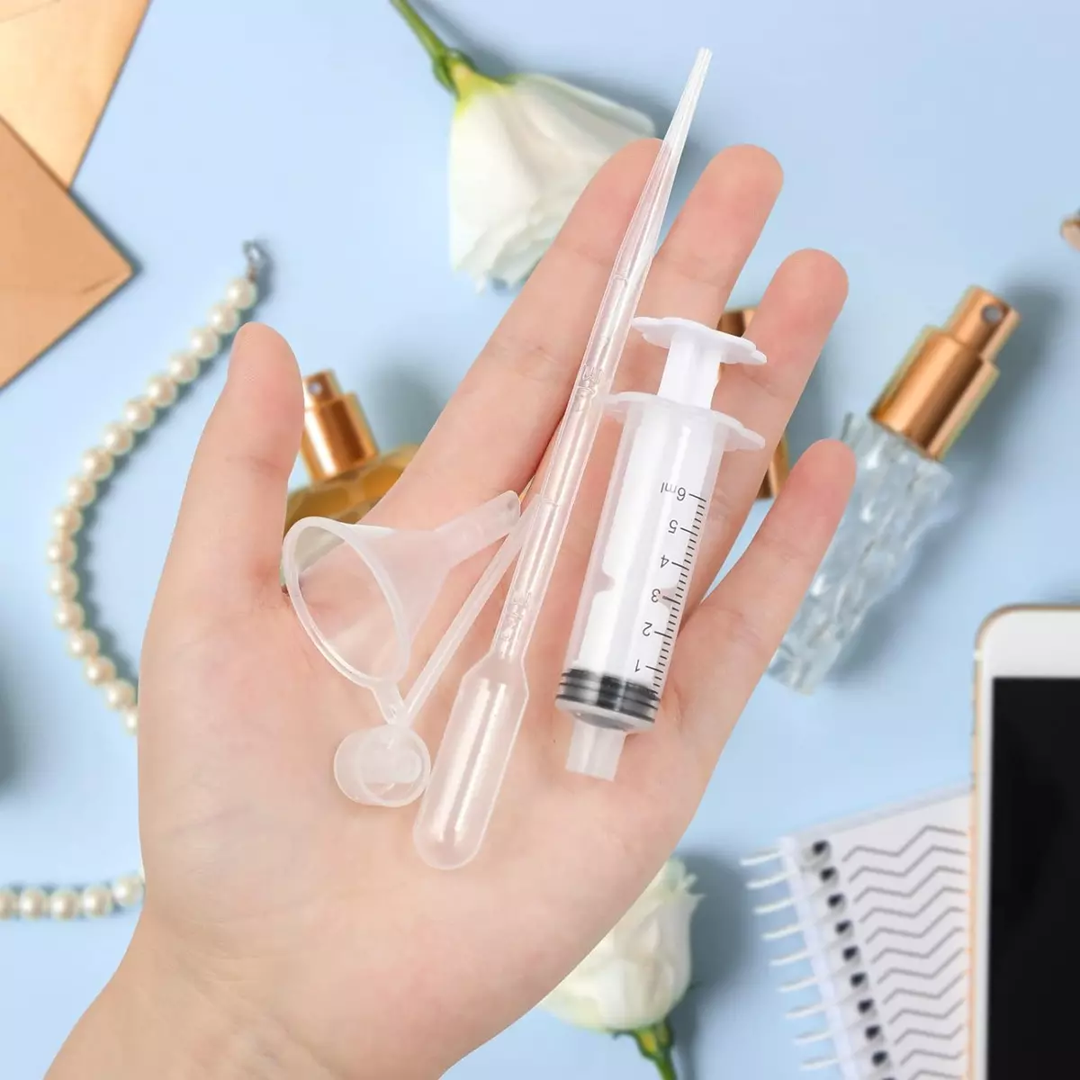 5pcs/set Perfume Refill Tool Kit Plastic Funnel/Pipette/Squeeze Dropper/Syringe For Liquid Cosmetic Fragrance Sample Essential Oils, Travel Use