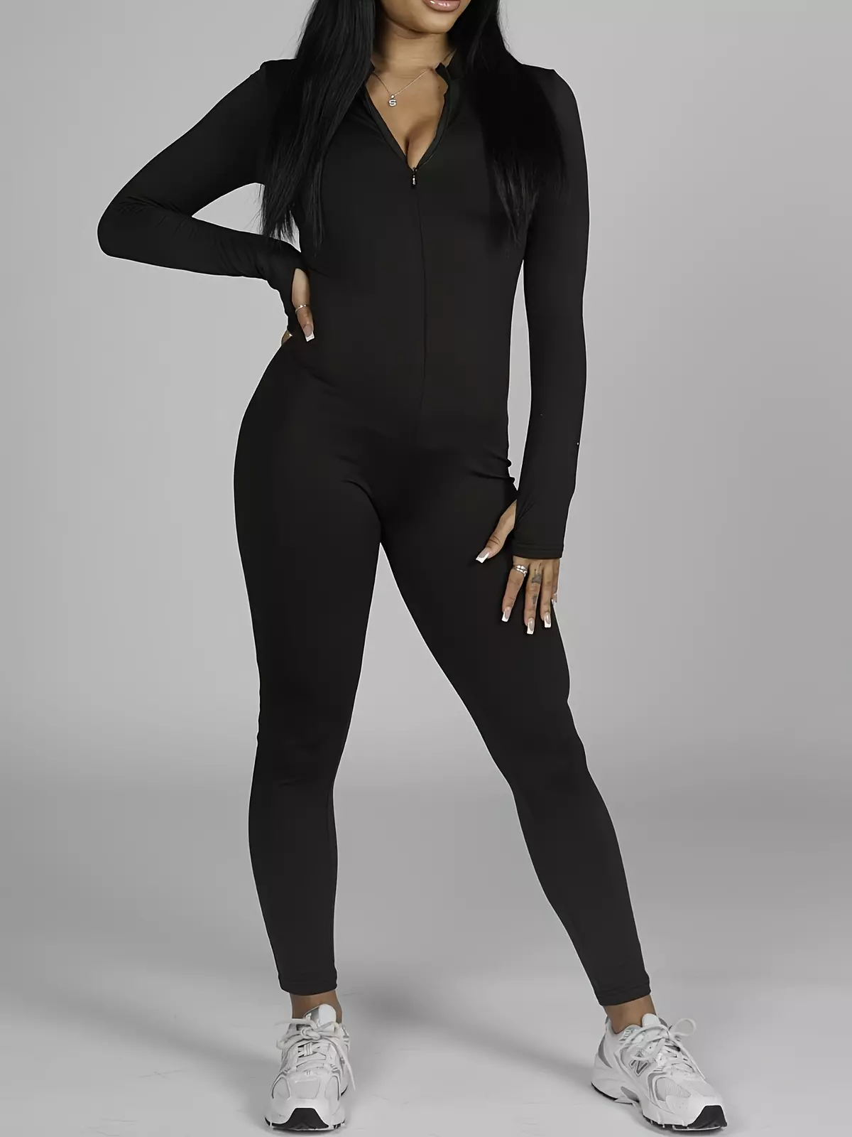 Solid Color Mock Neck Jumpsuit, Y2K Zipper Front Long Sleeve Slim Jumpsuit For Spring & Summer, Women's Clothing