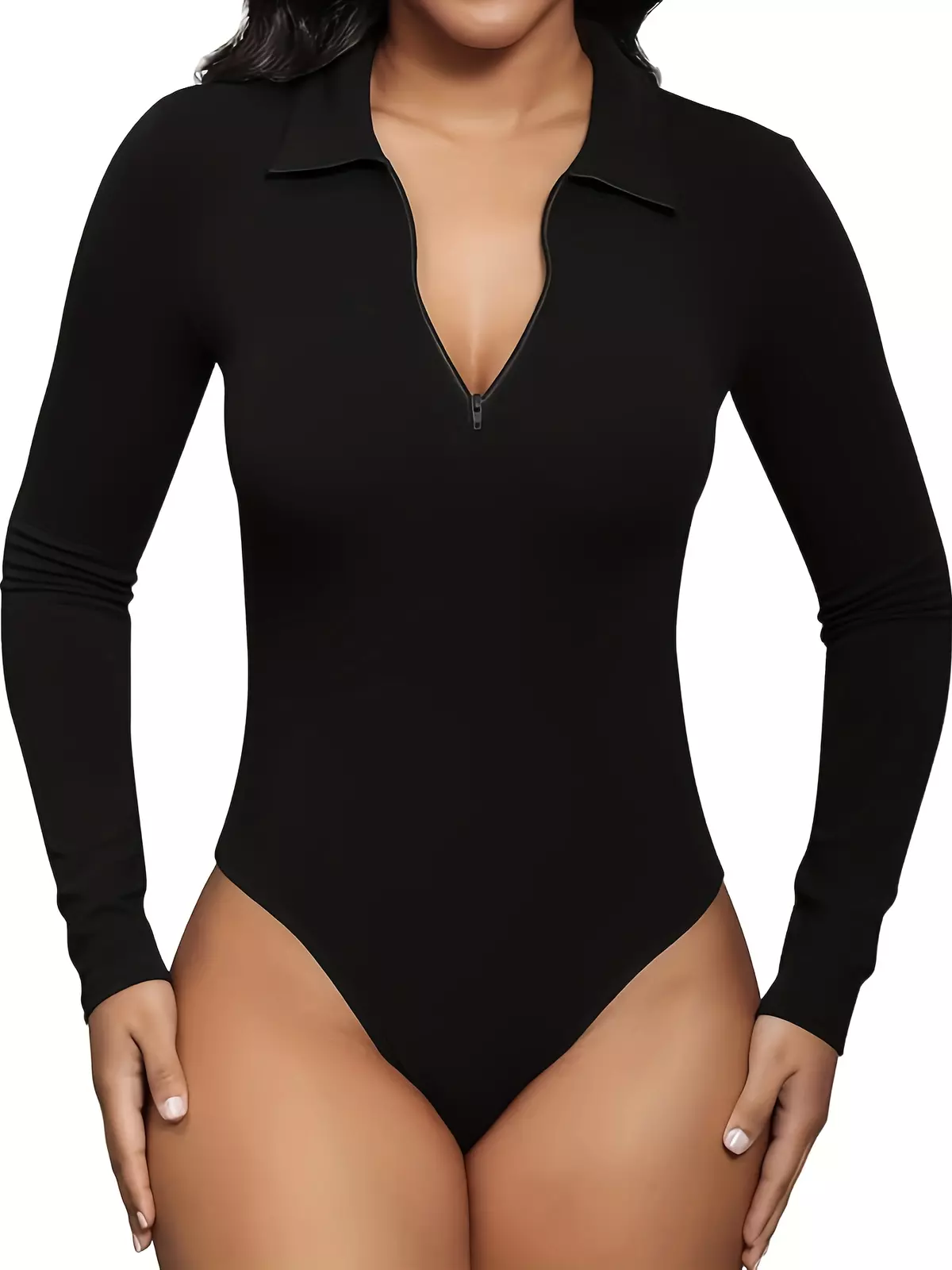 Women's Long Sleeve Bodysuit - Zipper Polo Collar, Slim Fit, Stretch Leotard, Casual Fashion Jumpsuit-Burgundy