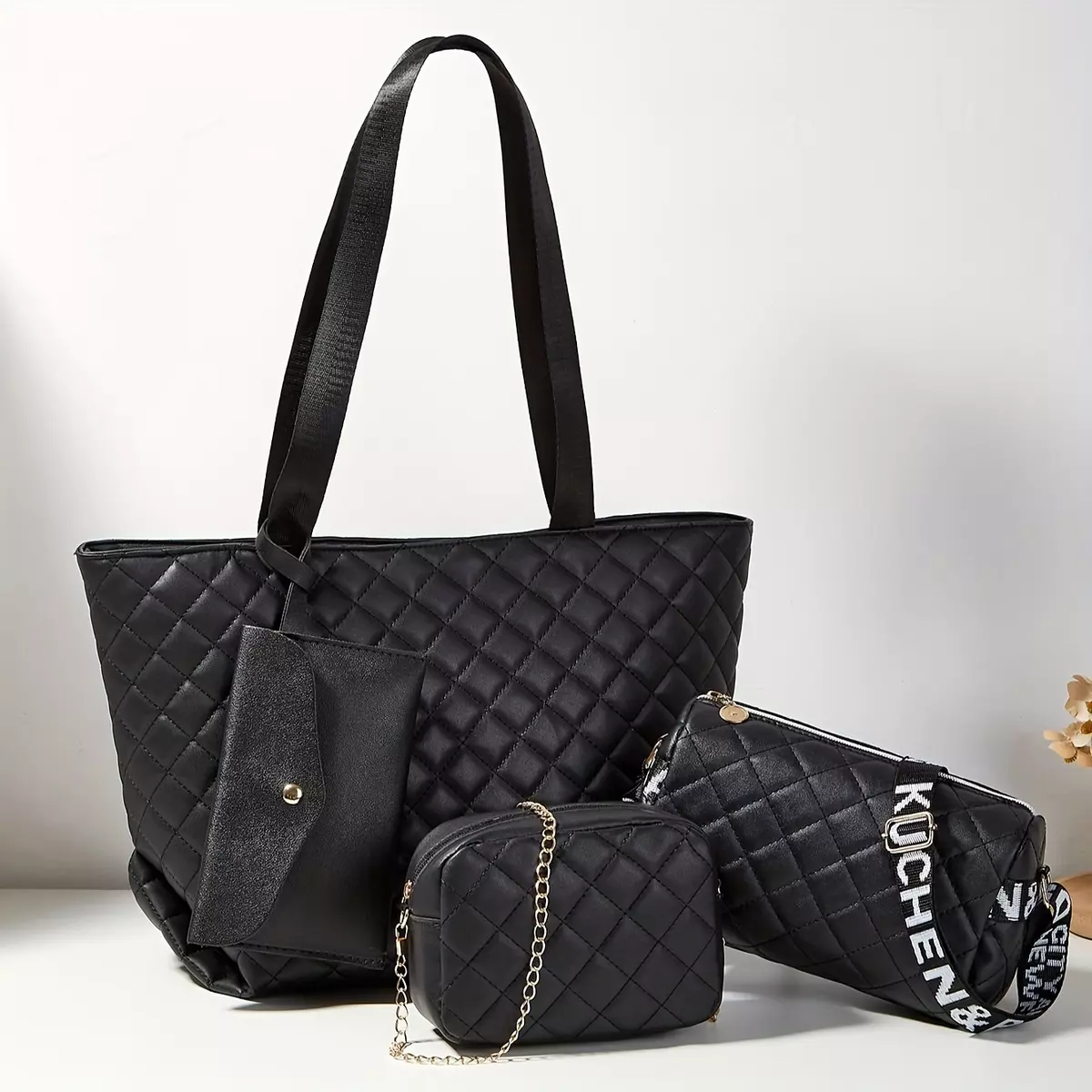 4-Piece Women's Bag Set, Quilted PU Leather, Includes Tote, Crossbody Camera Bag, Cylindrical Bag, And Embroidered Shoulder Bag, Elegant Design For Versatile Use