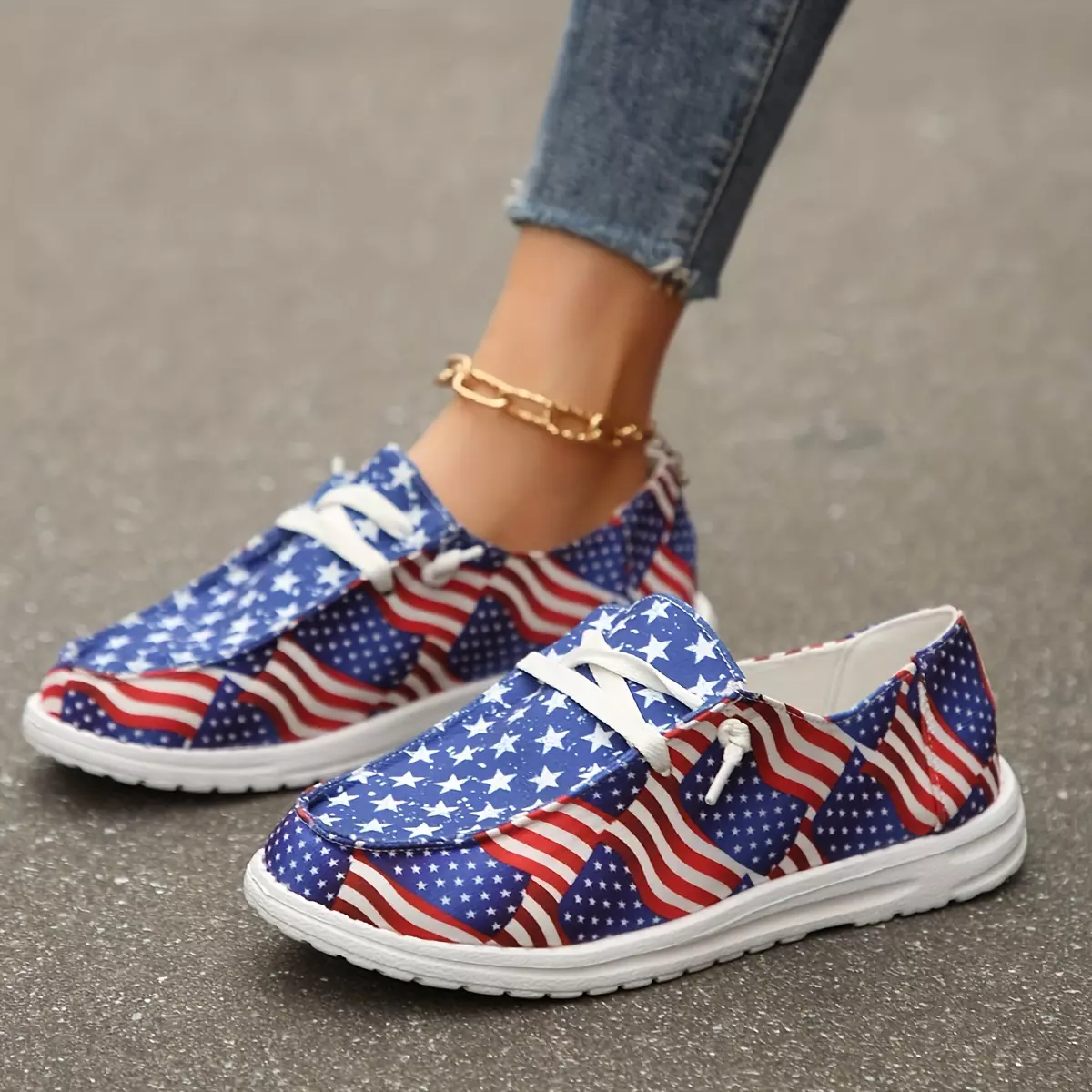 Women's Flag Print Canvas Shoes, Casual Lace Up Outdoor Shoes, Lightweight Low Top Sneakers